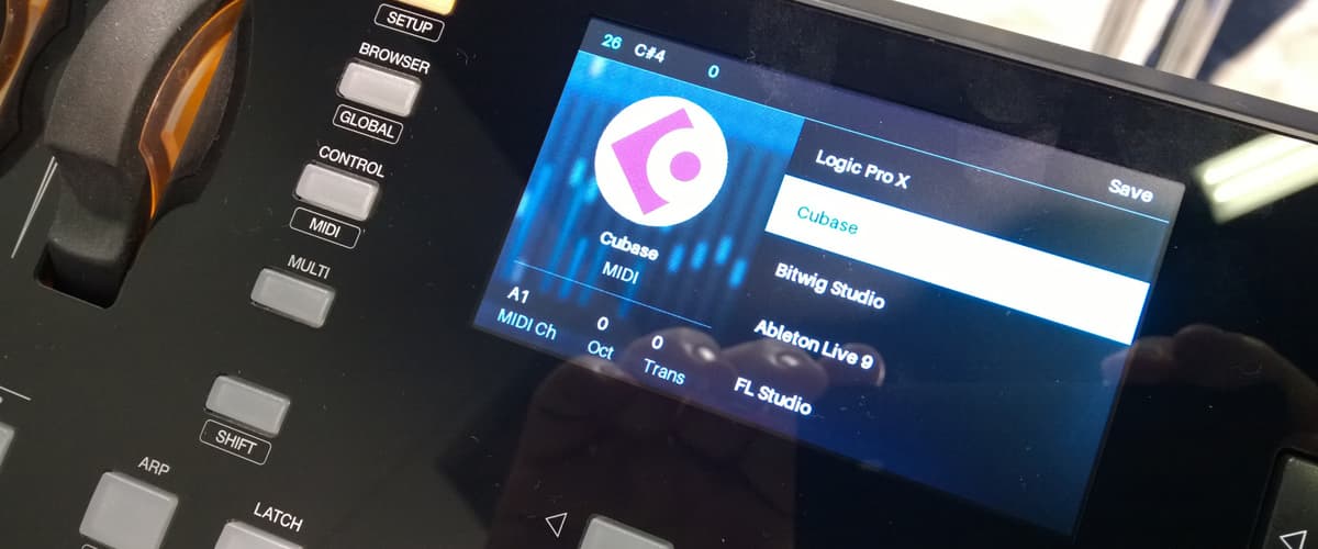 The Cubase logo on a MIDI keyboard