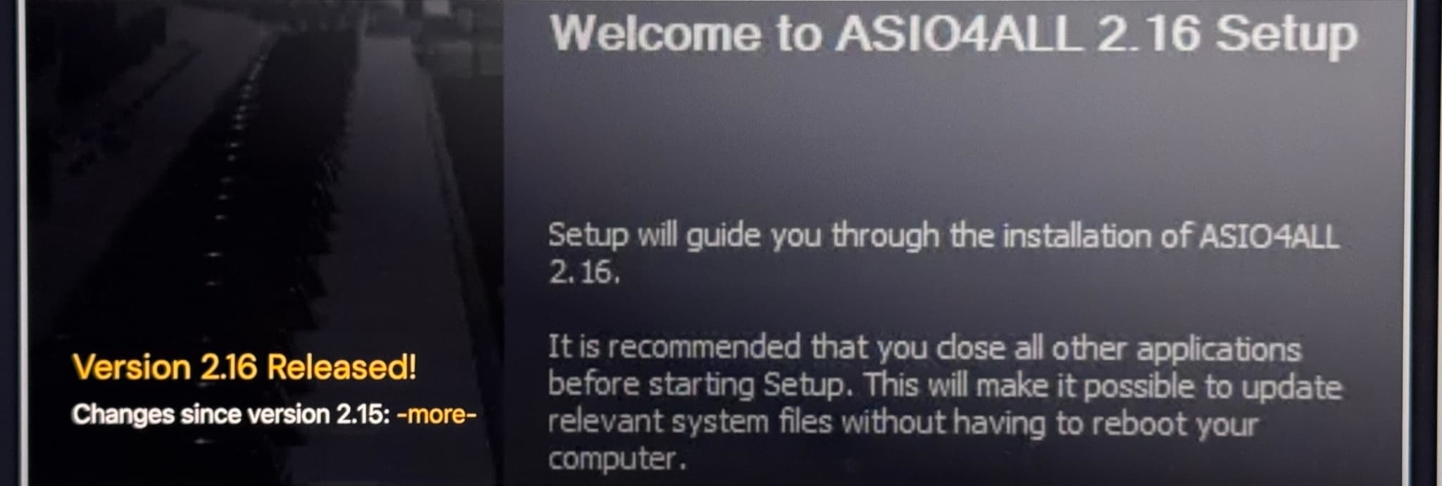 ASIO4ALL setup screen showing version information and instructions for installation.