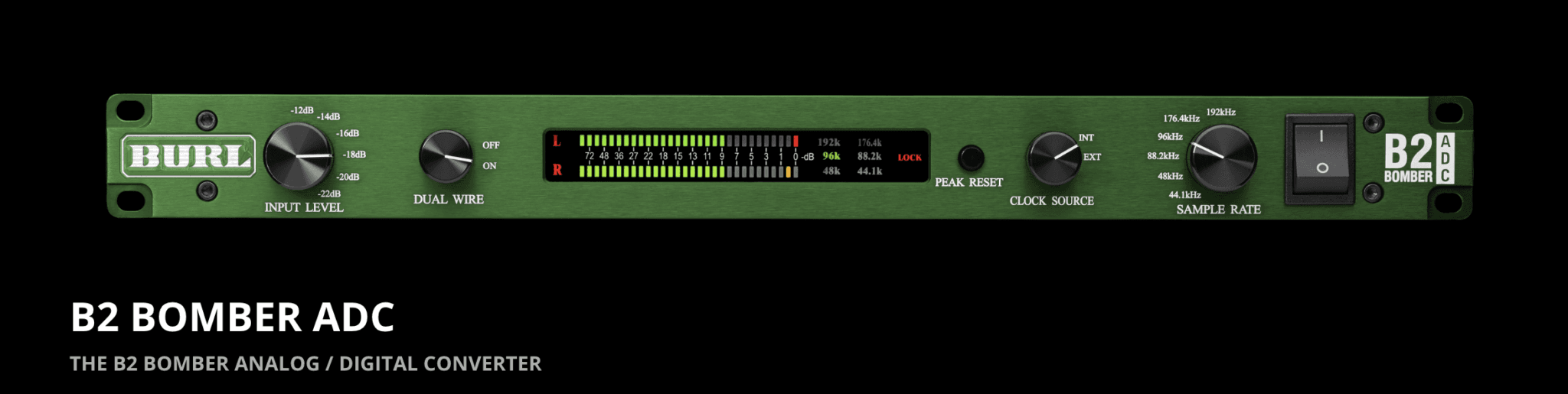 B2 Bomber ADC analog/digital converter from Burl Audio showing input level, clock source, and sample rate settings.