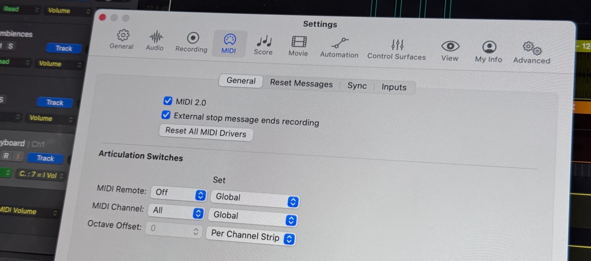 MIDI settings interface in music production software