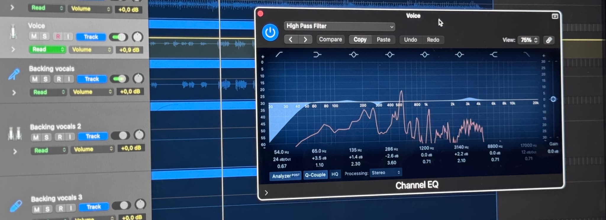Audio production software interface with EQ settings.