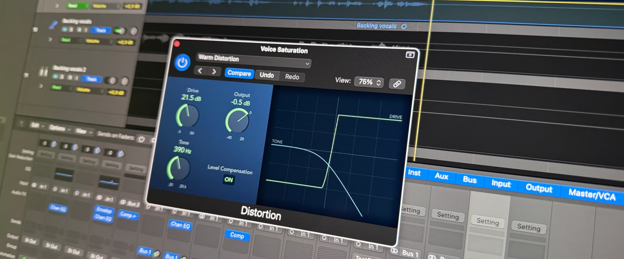 Logic Pro showcasing distortion Plugin