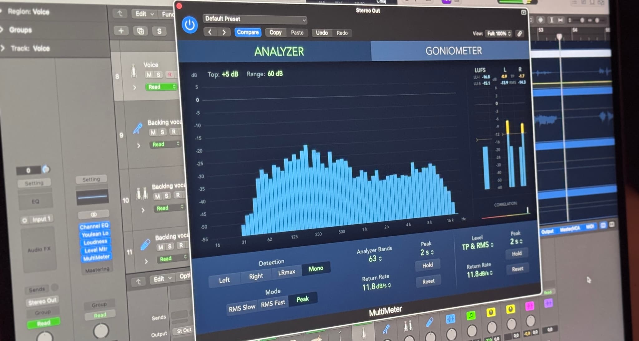Screenshot of audio production software interface showing various audio analysis tools and settings.