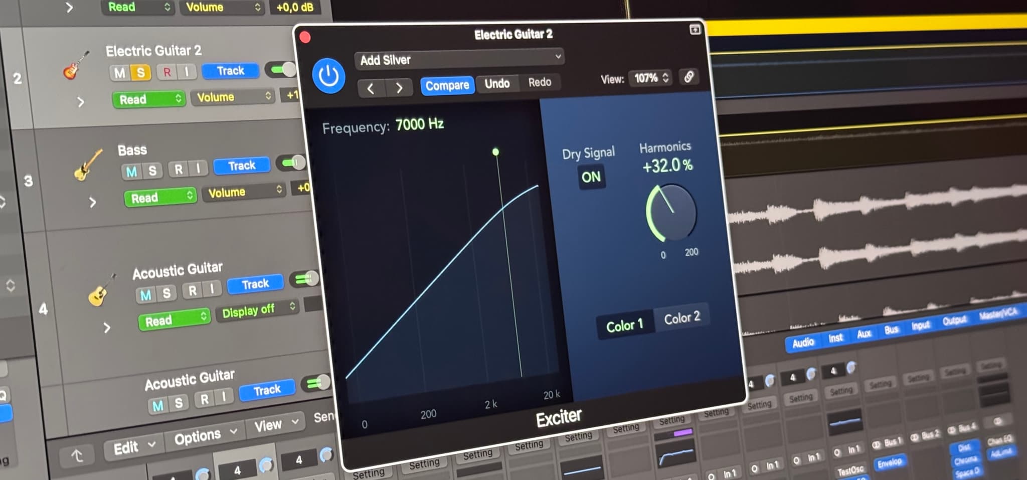 Logic Pro interface showcasing plugin harmonics settings