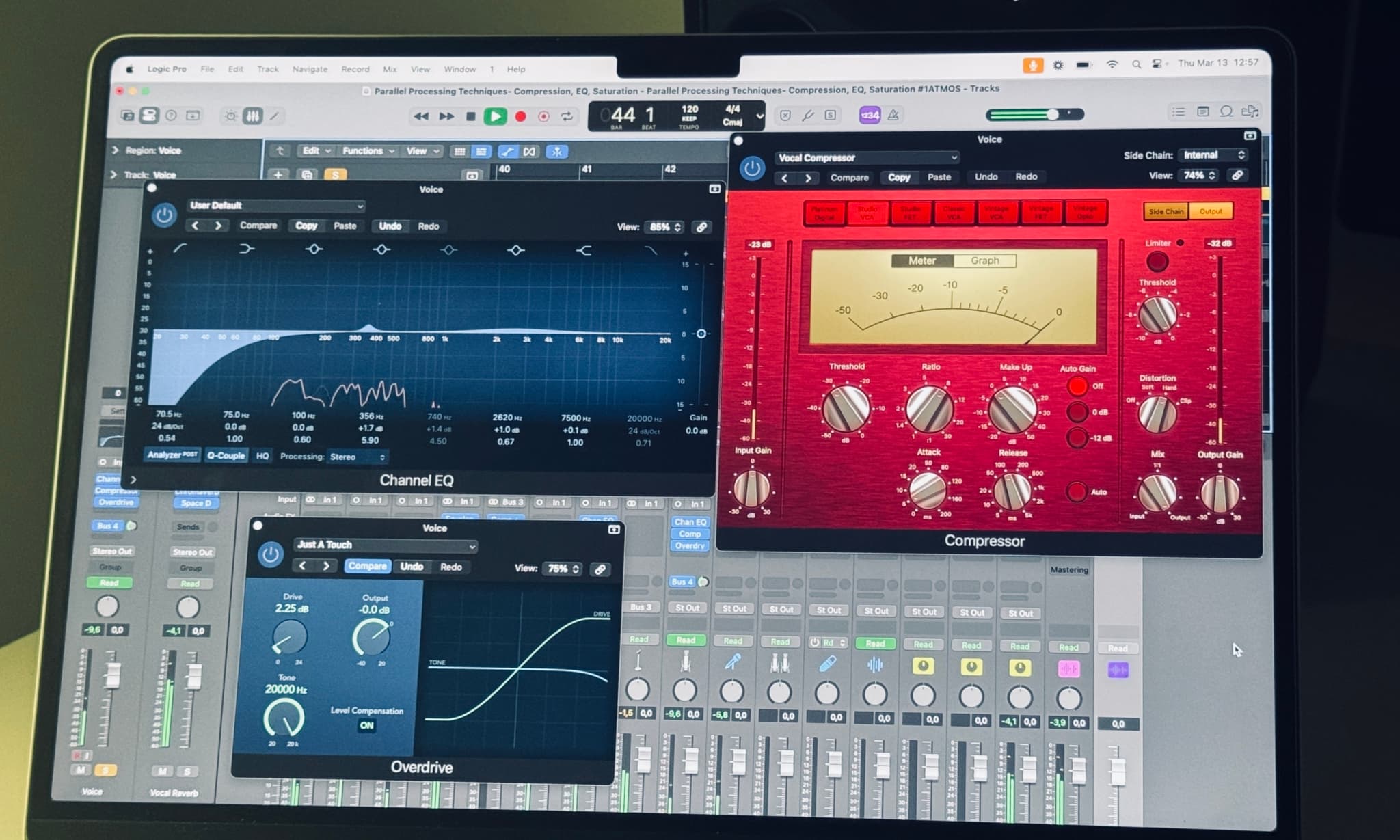 Logic Pro software showing EQ and Compressor settings.
