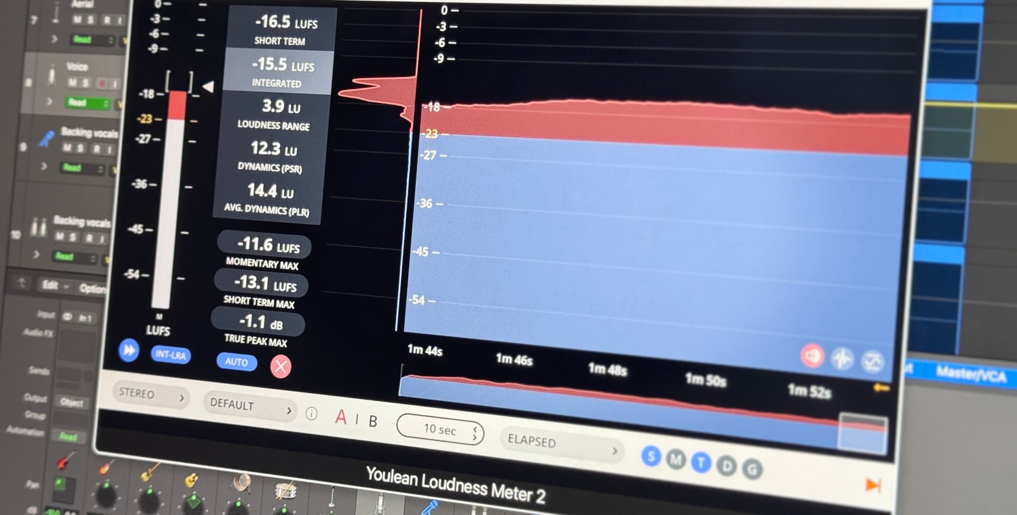 Youlean Loudness Meter 2 plugin interface in a digital audio workstation.