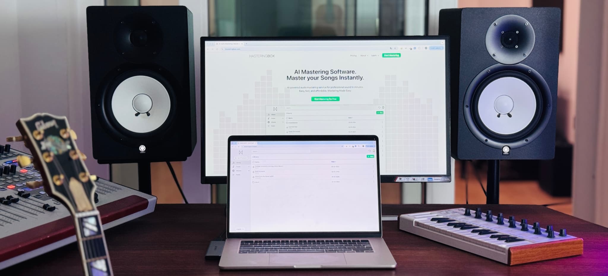 Home studio setup with audio equipment including monitors and a laptop.